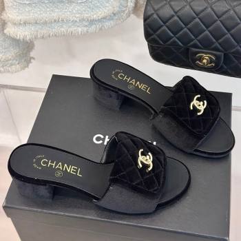 Chanel Velvet Heel Slides Sandal 5cm with Quilted CC Foldover G45474 Black 2024 (MD-241120078)