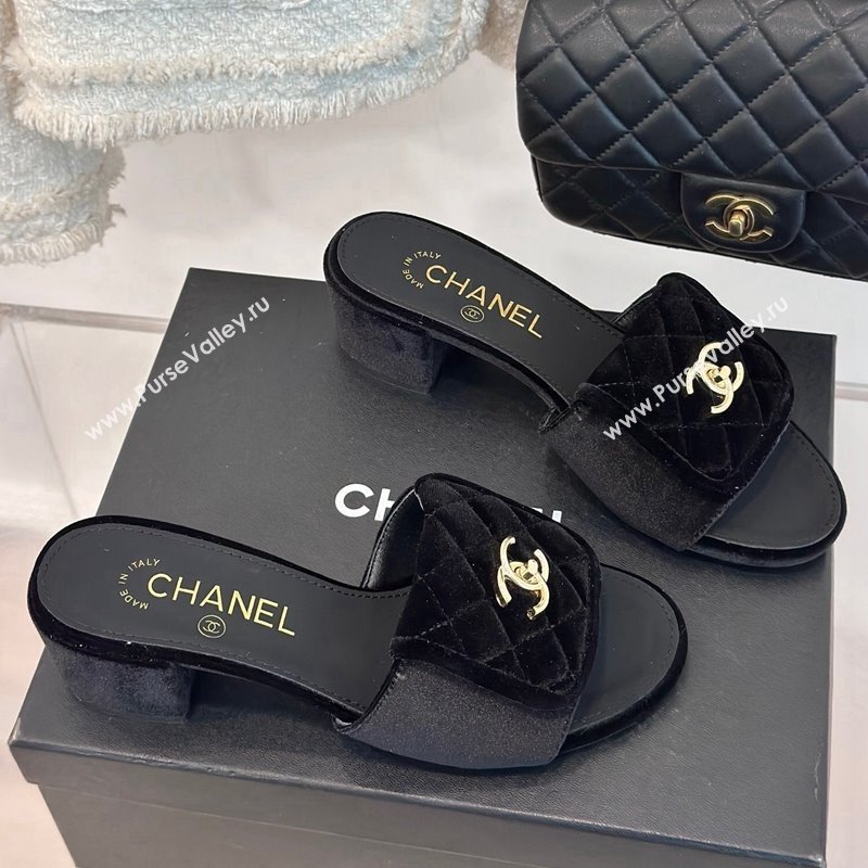 Chanel Velvet Heel Slides Sandal 5cm with Quilted CC Foldover G45474 Black 2024 (MD-241120078)