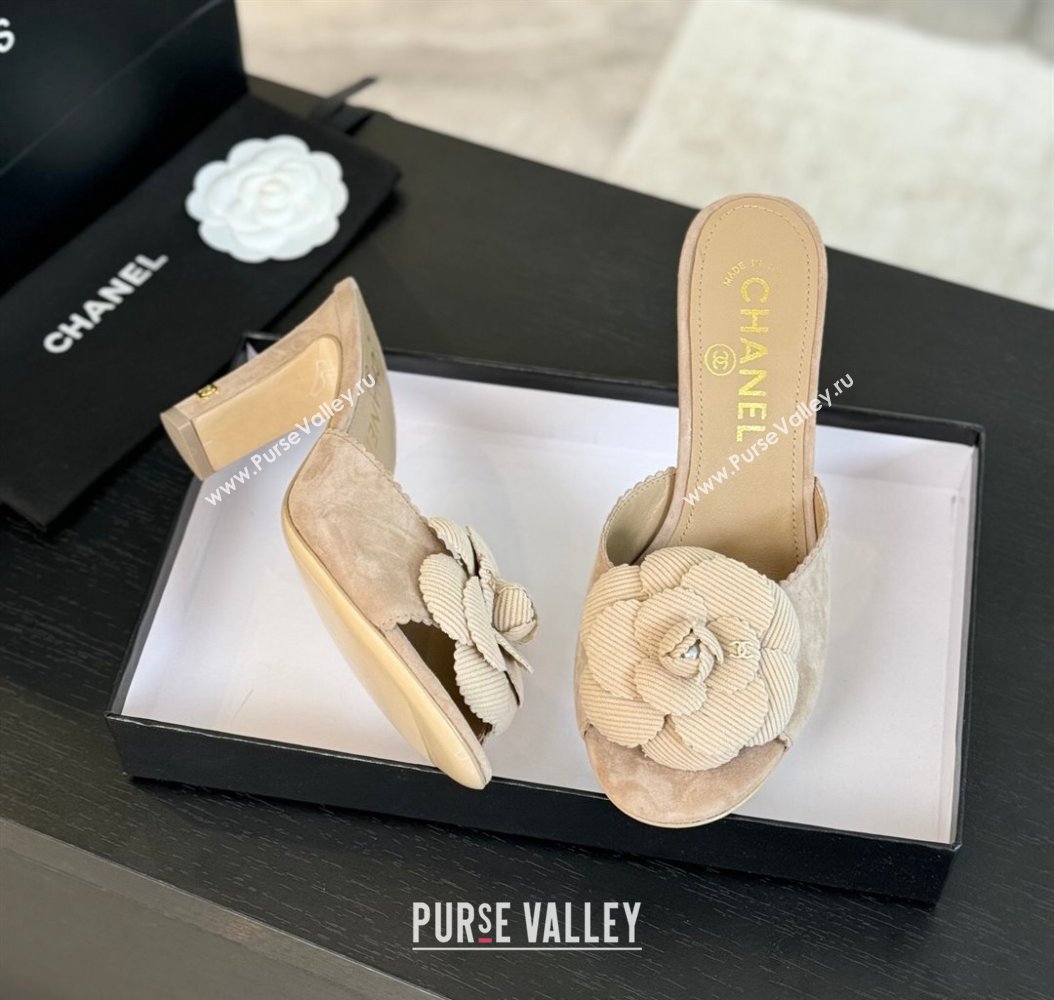 Chanel Suede Heel Slides Sandal 8cm with Camellia Bloom Beige 2024 G45932 (SS-241121027)