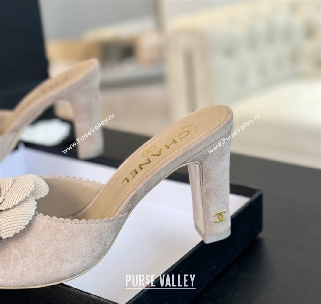 Chanel Suede Heel Slides Sandal 8cm with Camellia Bloom Beige 2024 G45932 (SS-241121027)