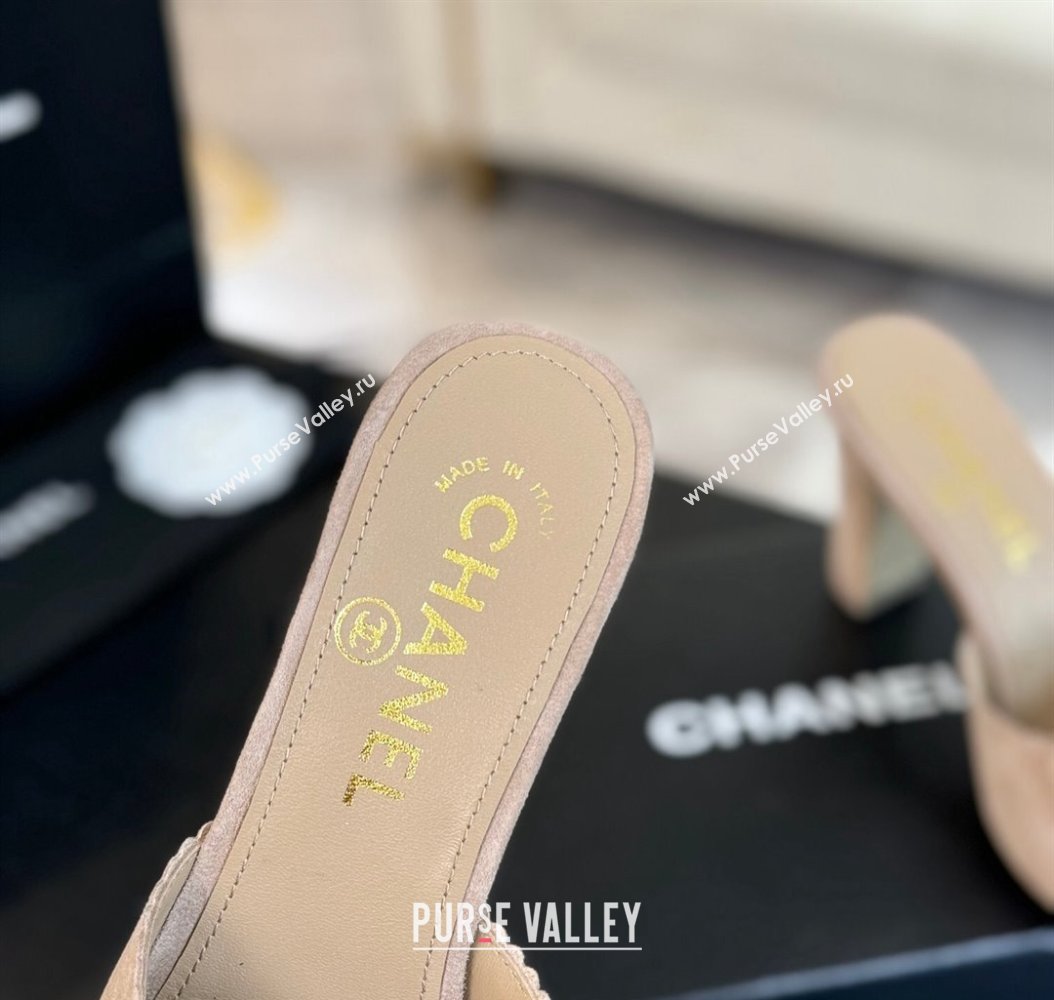 Chanel Suede Heel Slides Sandal 8cm with Camellia Bloom Beige 2024 G45932 (SS-241121027)