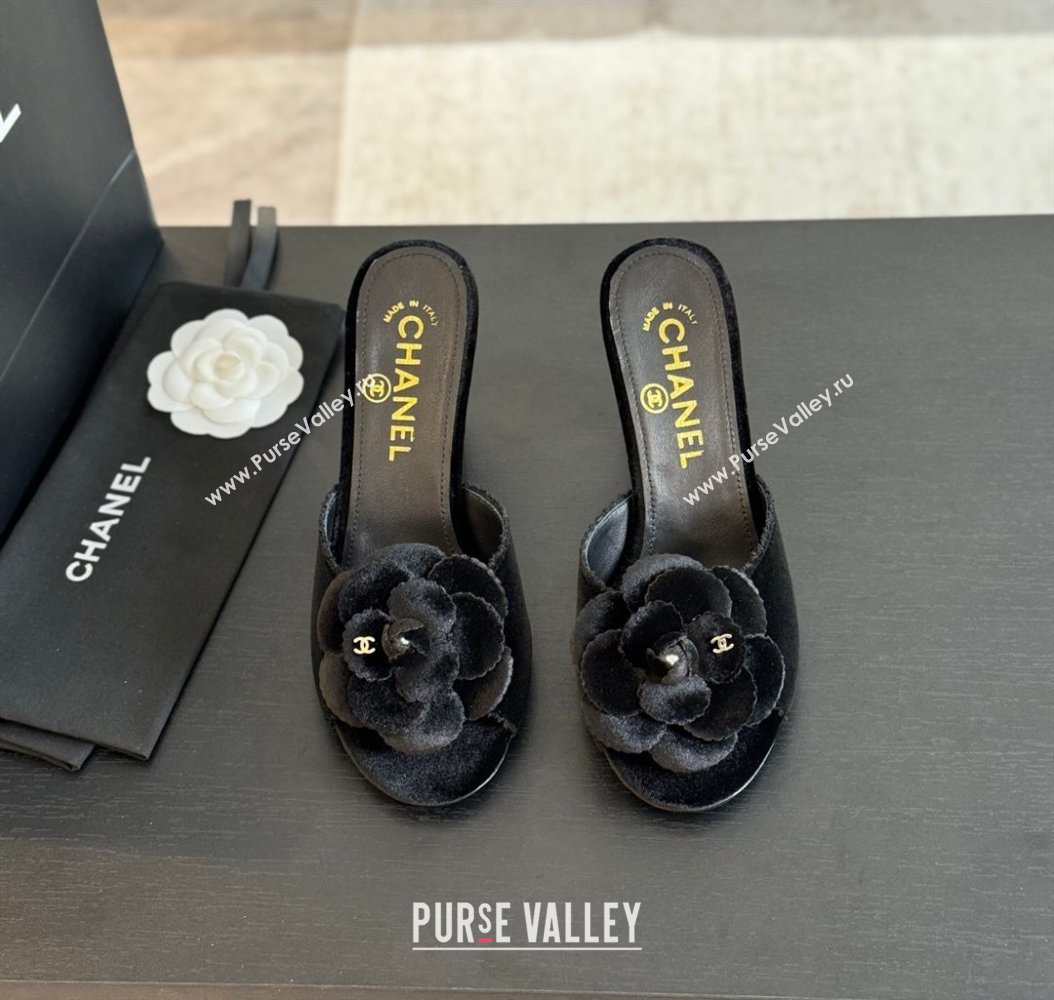 Chanel Velvet Heel Slides Sandal 8cm with Camellia Bloom Black 2024 G45932 (SS-241121028)