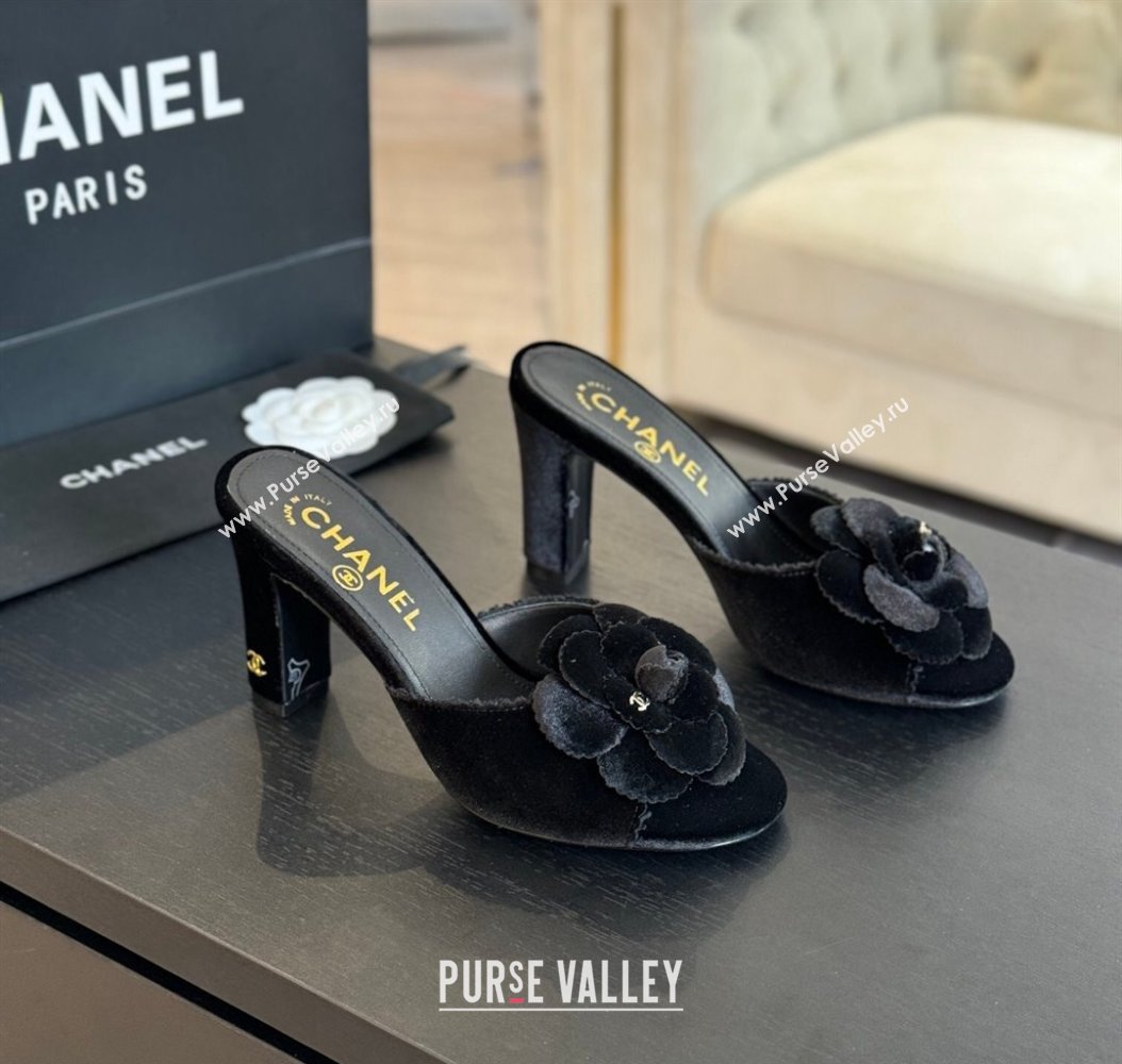 Chanel Velvet Heel Slides Sandal 8cm with Camellia Bloom Black 2024 G45932 (SS-241121028)