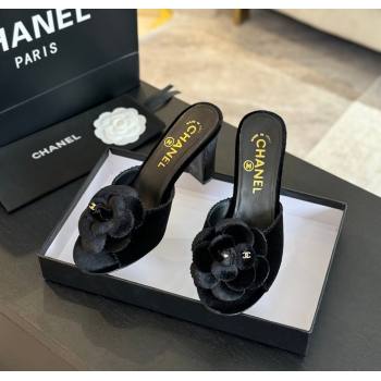 Chanel Velvet Heel Slides Sandal 8cm with Camellia Bloom Black 2024 G45932 (SS-241121028)