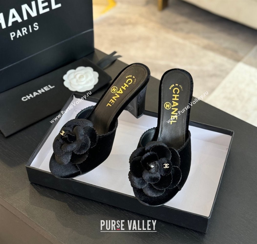 Chanel Velvet Heel Slides Sandal 8cm with Camellia Bloom Black 2024 G45932 (SS-241121028)