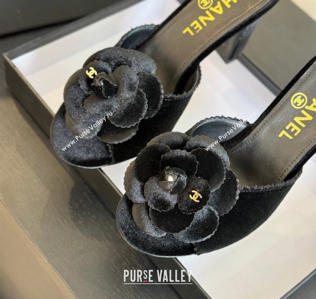 Chanel Velvet Heel Slides Sandal 8cm with Camellia Bloom Black 2024 G45932 (SS-241121028)