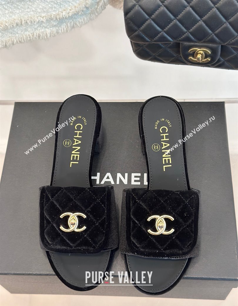 Chanel Velvet Heel Slides Sandal 5cm with Quilted CC Foldover G45474 Black 2024 (MD-241120078)