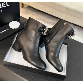 Chanel Calfskin Leather Heel Ankle Boots with Strass CC Bow Black 2024 CH112102 (LIZU-241121014)