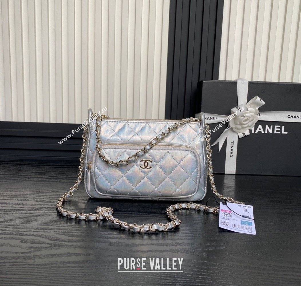 Chanel Iridescent Metallic Lambskin Clutch with Chain AP4348 Silver 2024 (yezi-241206040)