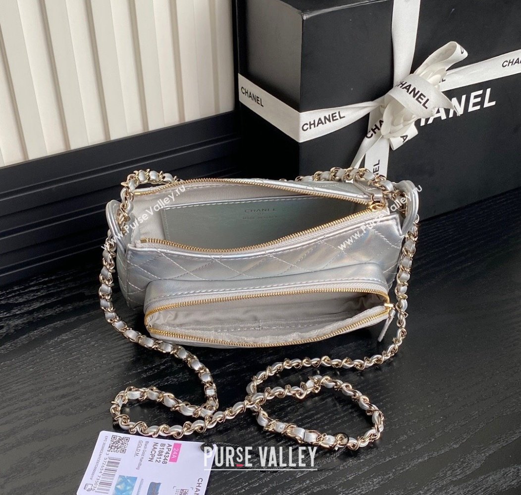 Chanel Iridescent Metallic Lambskin Clutch with Chain AP4348 Silver 2024 (yezi-241206040)