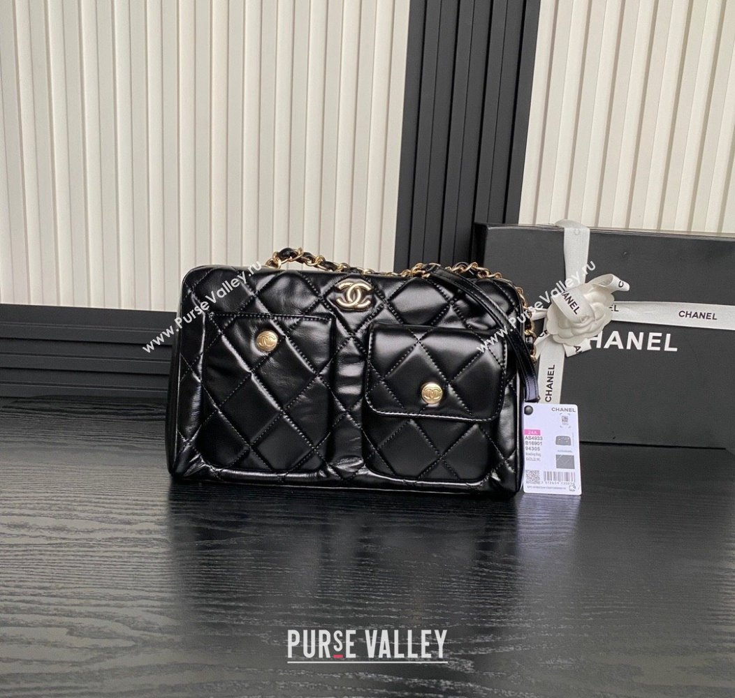 Chanel Shiny Calfskin Large Bowling Bag with Pockets AS4933 Black 2024 (yezi-241207001)