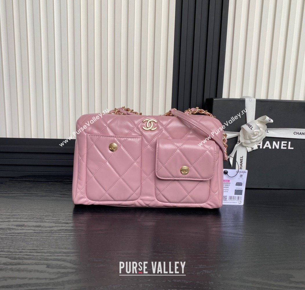 Chanel Shiny Calfskin Large Bowling Bag with Pockets AS4933 Light Pink 2024 (yezi-241207002)