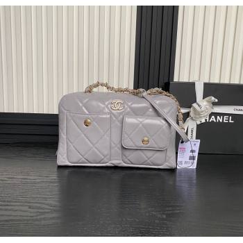 Chanel Shiny Calfskin Large Bowling Bag with Pockets AS4933 Light Grey 2024 (yezi-241207003)