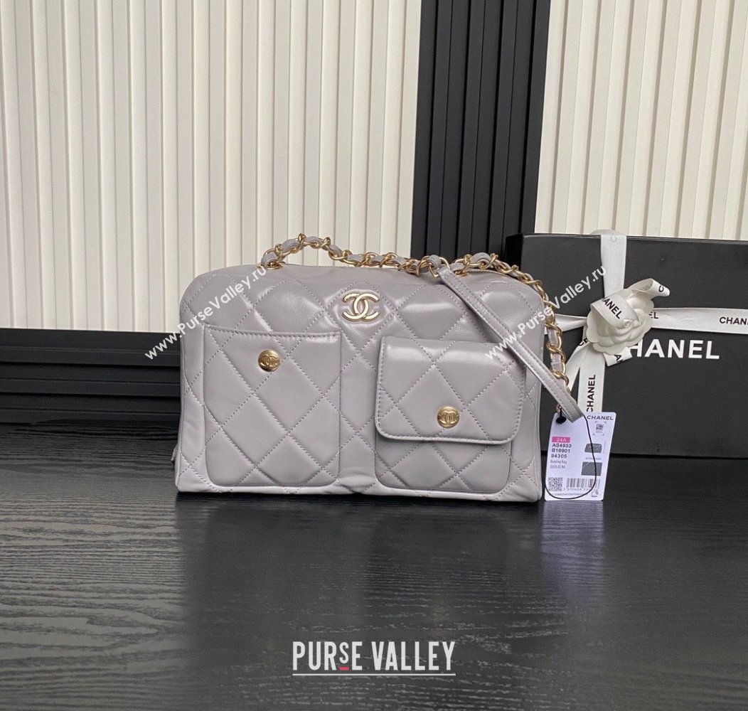 Chanel Shiny Calfskin Large Bowling Bag with Pockets AS4933 Light Grey 2024 (yezi-241207003)