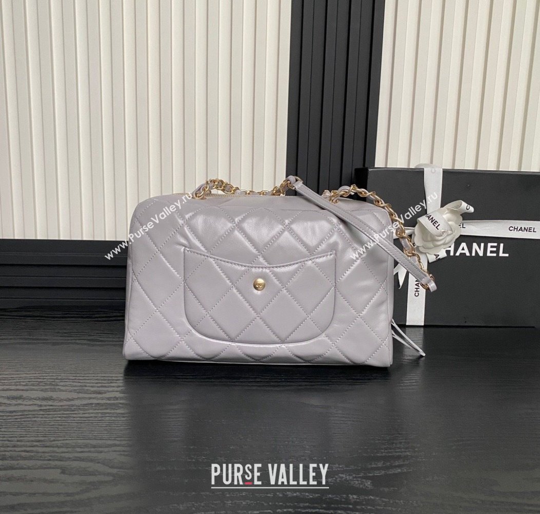 Chanel Shiny Calfskin Large Bowling Bag with Pockets AS4933 Light Grey 2024 (yezi-241207003)