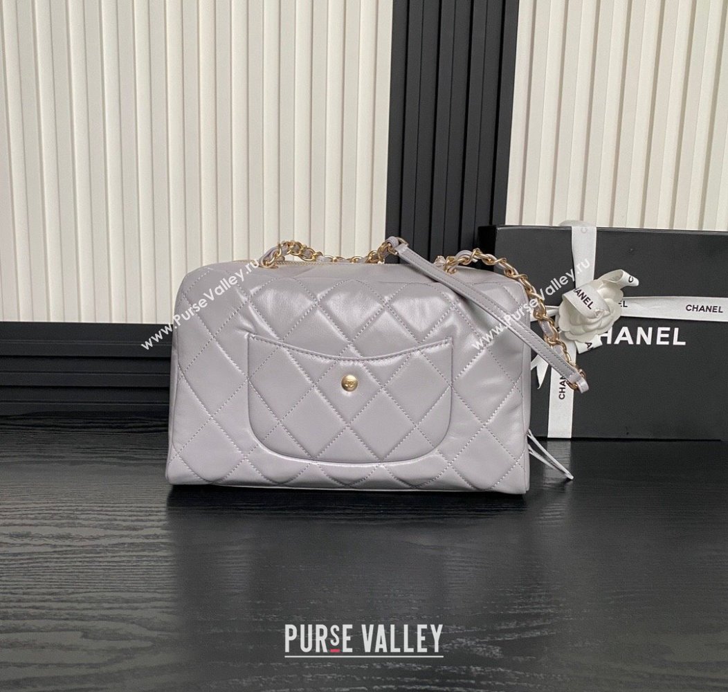 Chanel Shiny Calfskin Large Bowling Bag with Pockets AS4933 Light Grey 2024 (yezi-241207003)