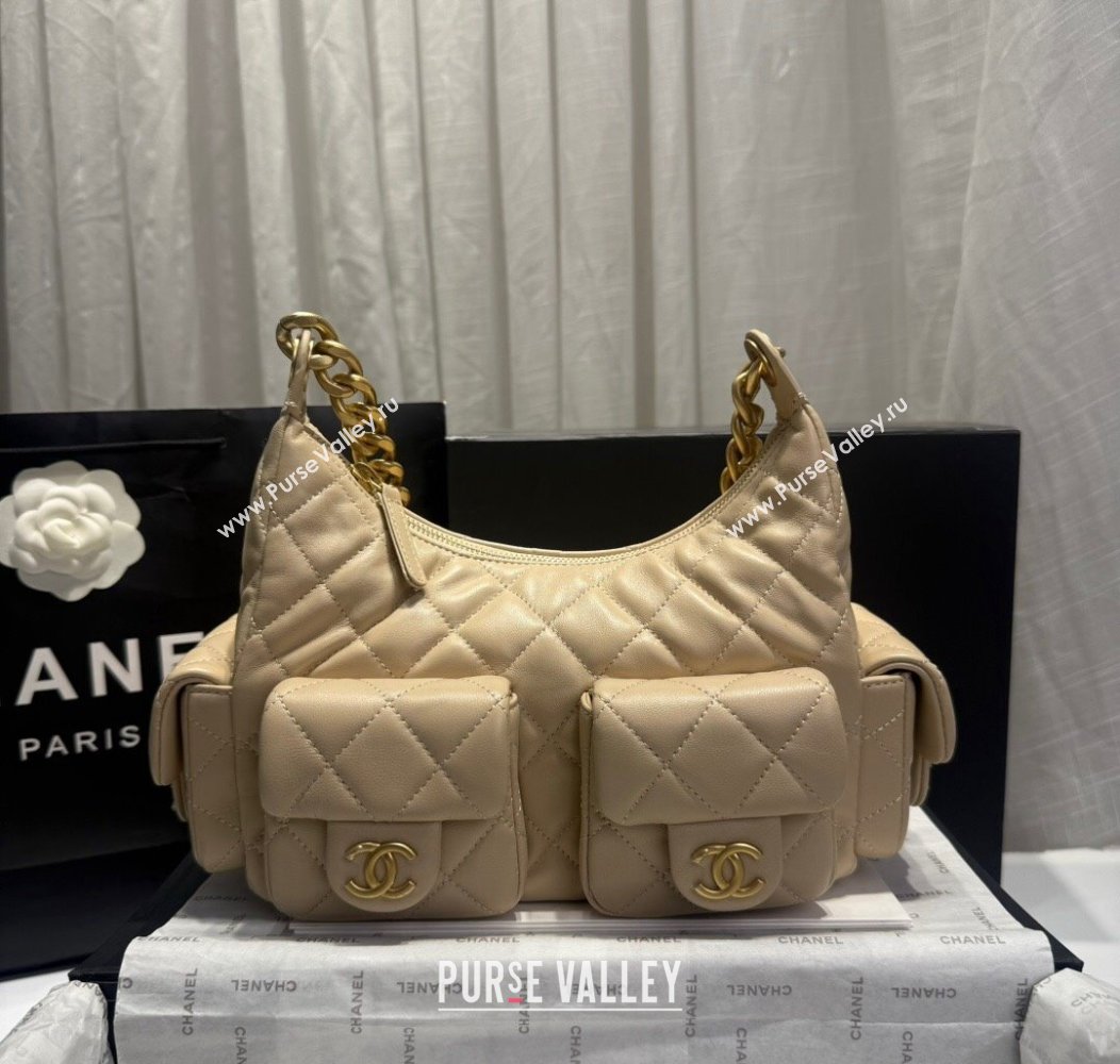 Chanel Shiny Lambskin Large Hobo Bag AS5339 Beige 2024 1206 (yezi-241206006)