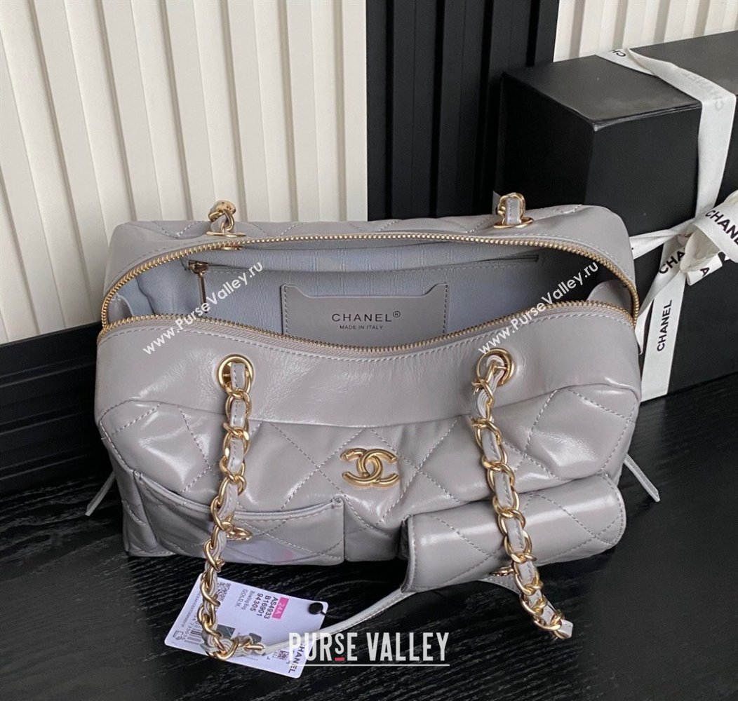 Chanel Shiny Calfskin Large Bowling Bag with Pockets AS4933 Light Grey 2024 (yezi-241207003)