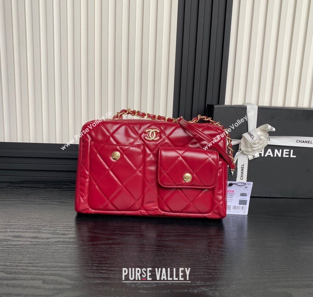 Chanel Shiny Calfskin Large Bowling Bag with Pockets AS4933 Red 2024 (yezi-241207004)