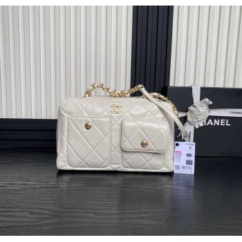 Chanel Shiny Calfskin Large Bowling Bag with Pockets AS4933 White 2024 (yezi-241207005)