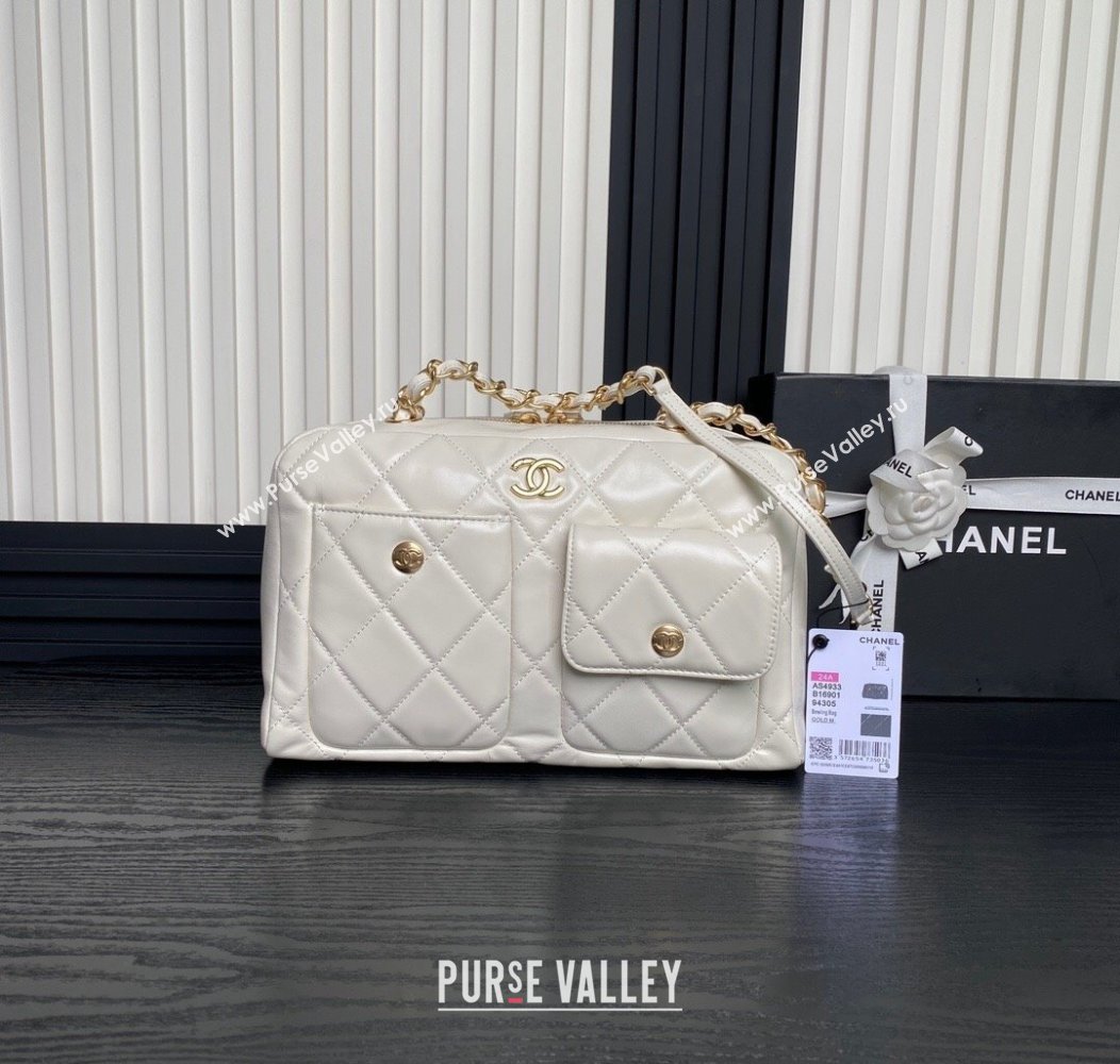 Chanel Shiny Calfskin Large Bowling Bag with Pockets AS4933 White 2024 (yezi-241207005)