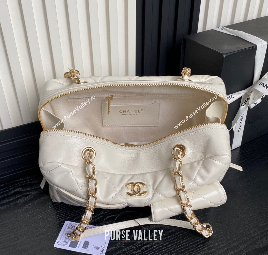 Chanel Shiny Calfskin Large Bowling Bag with Pockets AS4933 White 2024 (yezi-241207005)