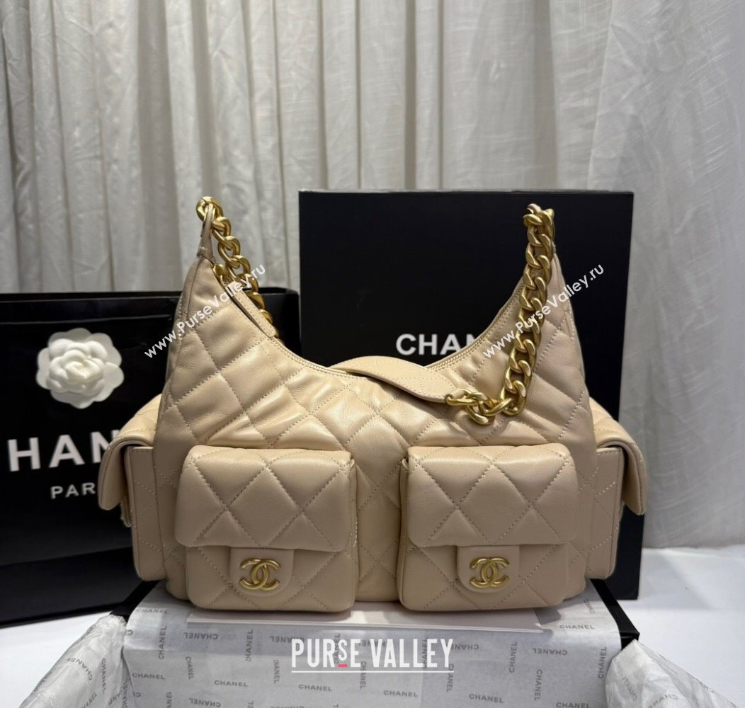 Chanel Shiny Lambskin Maxi Hobo Bag AS5302 Beige 2024 1206 (yezi-241206014)