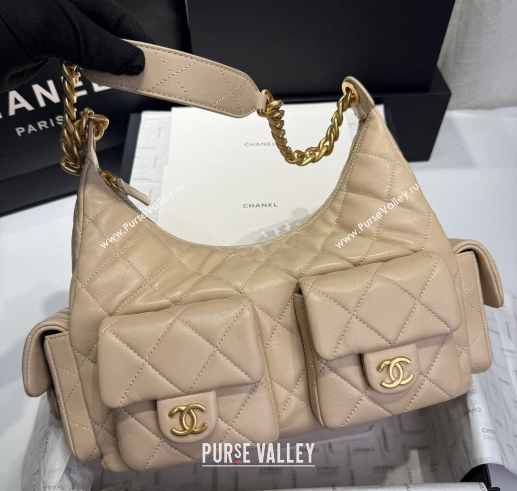 Chanel Shiny Lambskin Maxi Hobo Bag AS5302 Beige 2024 1206 (yezi-241206014)