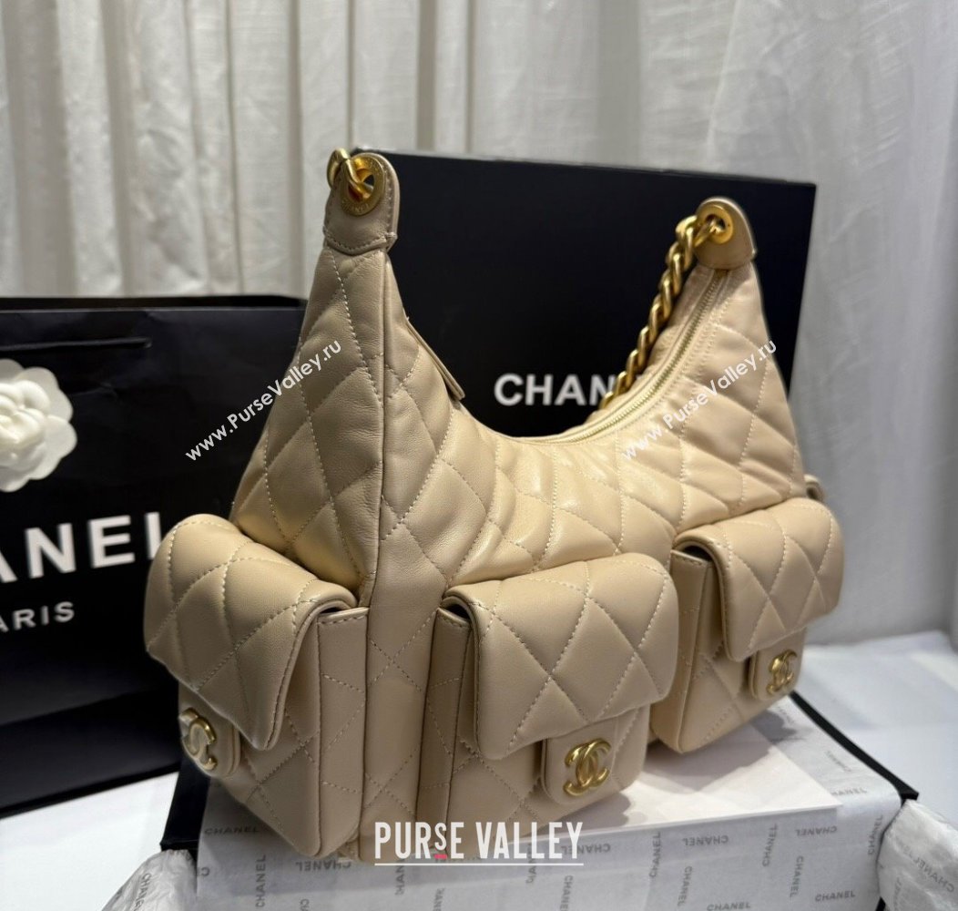 Chanel Shiny Lambskin Maxi Hobo Bag AS5302 Beige 2024 1206 (yezi-241206014)