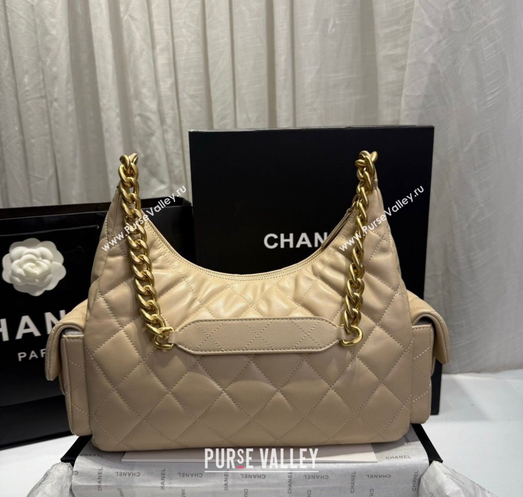 Chanel Shiny Lambskin Maxi Hobo Bag AS5302 Beige 2024 1206 (yezi-241206014)