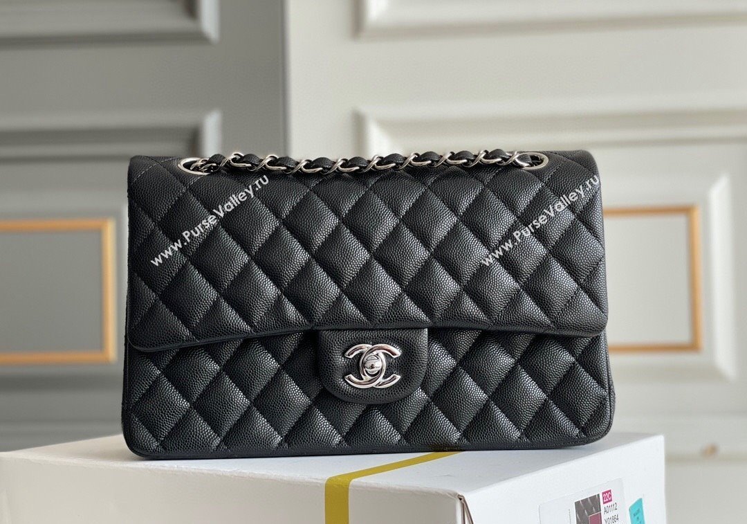 Chanel Quilted Grained Calfskin Classic Medium Flap bag A01112 Black/Silver 2024 1207 (yezi-241207024)