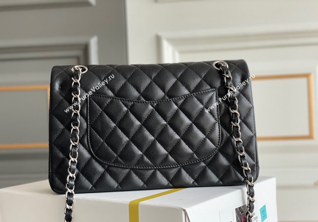 Chanel Quilted Grained Calfskin Classic Medium Flap bag A01112 Black/Silver 2024 1207 (yezi-241207024)