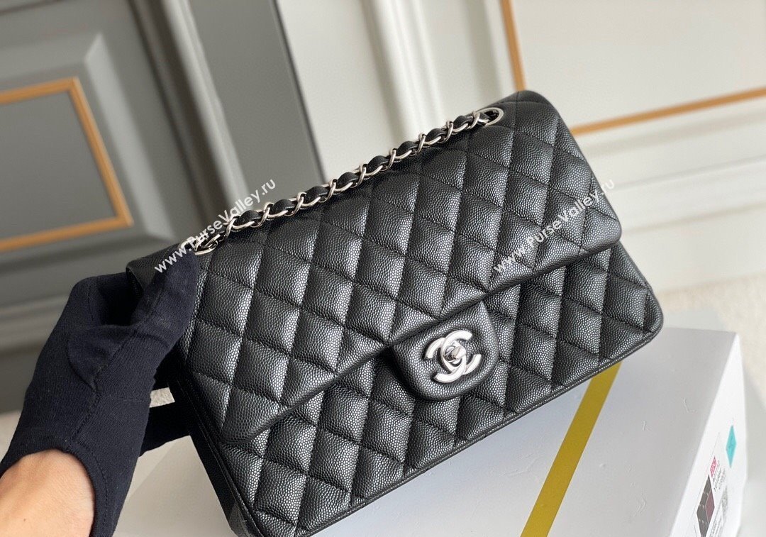 Chanel Quilted Grained Calfskin Classic Medium Flap bag A01112 Black/Silver 2024 1207 (yezi-241207024)