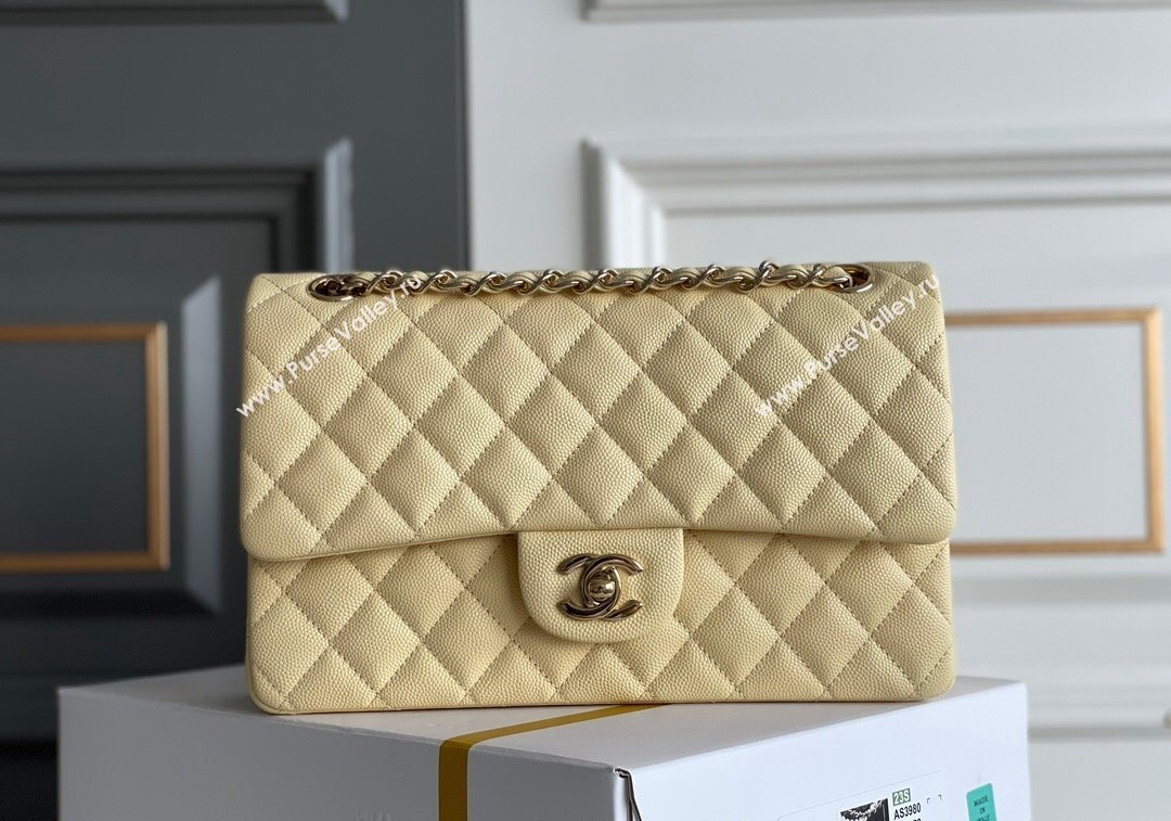 Chanel Quilted Grained Calfskin Classic Medium Flap bag A01112 Light Yellow 2024 1207 (yezi-241207028)