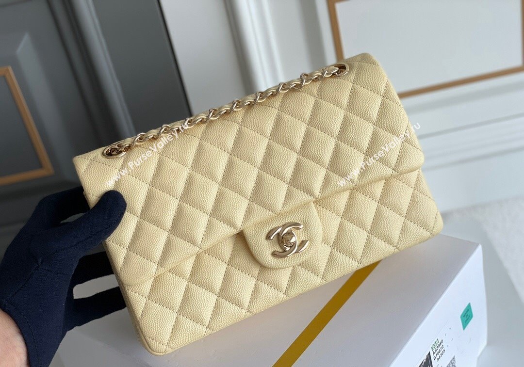 Chanel Quilted Grained Calfskin Classic Medium Flap bag A01112 Light Yellow 2024 1207 (yezi-241207028)