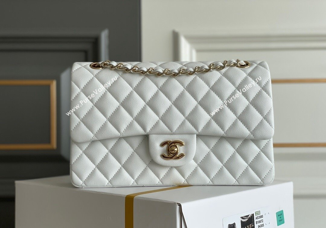 Chanel Quilted Grained Calfskin Classic Medium Flap bag A01112 White 2024 1207 (yezi-241207030)