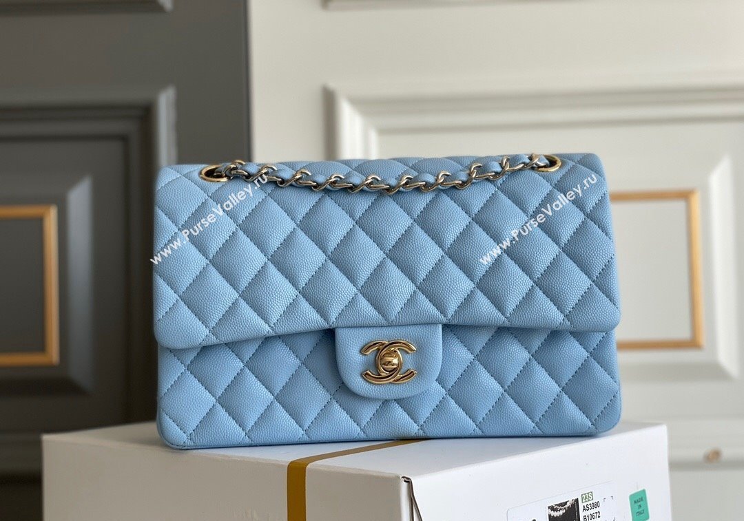 Chanel Quilted Grained Calfskin Classic Medium Flap bag A01112 Light Blue 2024 1207 (yezi-241207032)