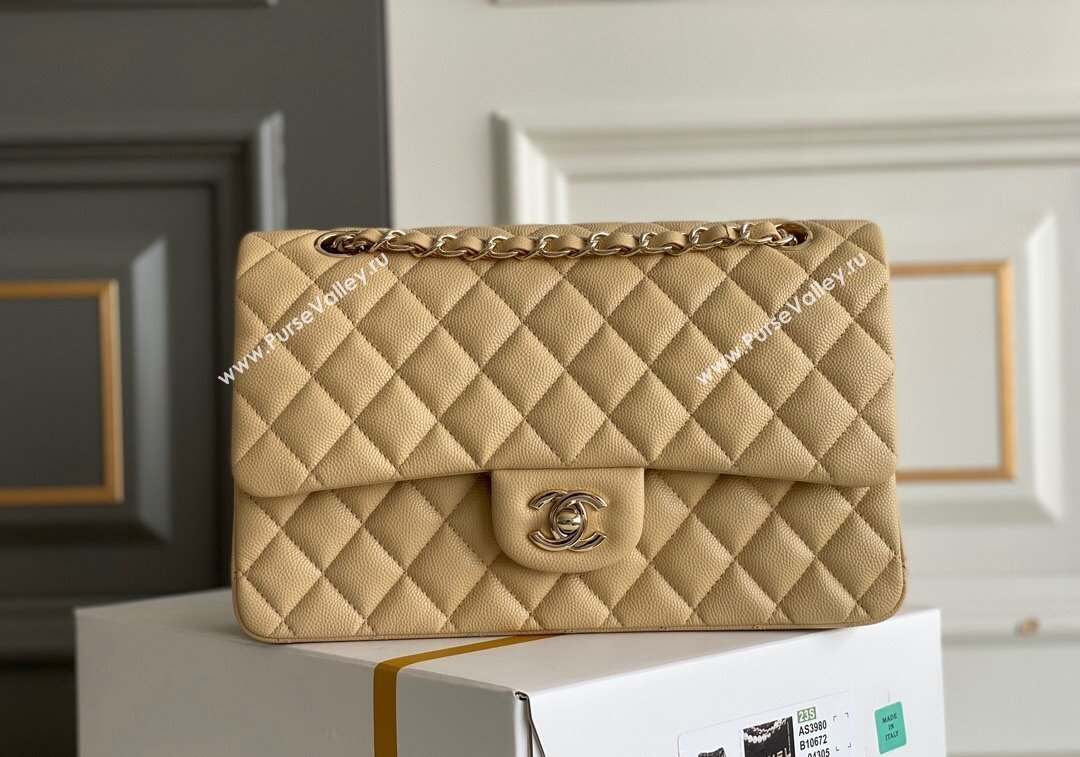 Chanel Quilted Grained Calfskin Classic Medium Flap bag A01112 Beige 2024 1207 (yezi-241207034)