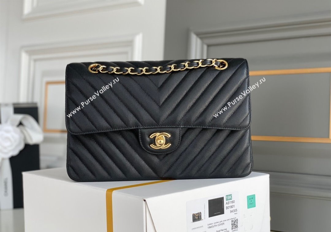 Chanel Chevron Grained Calfskin Classic Medium Flap bag A01112 Black/Gold 2024 1207 (yezi-241207035)