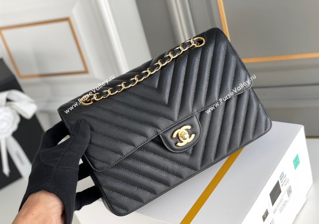 Chanel Chevron Grained Calfskin Classic Medium Flap bag A01112 Black/Gold 2024 1207 (yezi-241207035)