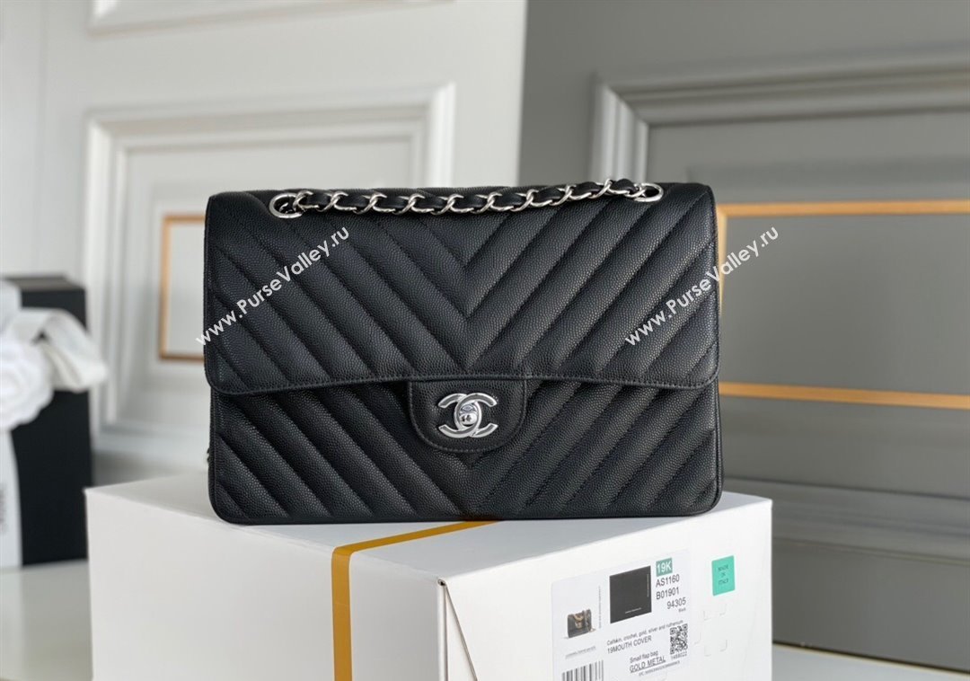 Chanel Chevron Grained Calfskin Classic Medium Flap bag A01112 Black/Silver 2024 1207 (yezi-241207036)