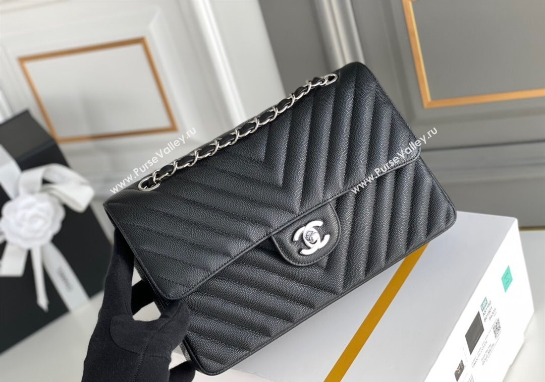 Chanel Chevron Grained Calfskin Classic Medium Flap bag A01112 Black/Silver 2024 1207 (yezi-241207036)