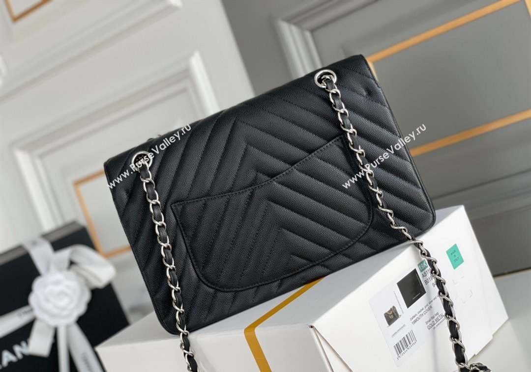 Chanel Chevron Grained Calfskin Classic Medium Flap bag A01112 Black/Silver 2024 1207 (yezi-241207036)