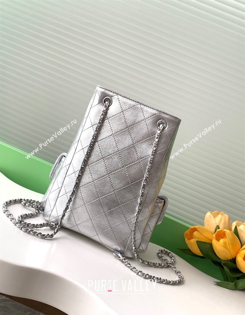 Chanel Metallic Lambskin Backpack bag AS5310 Silver 2024 (yezi-241207037)
