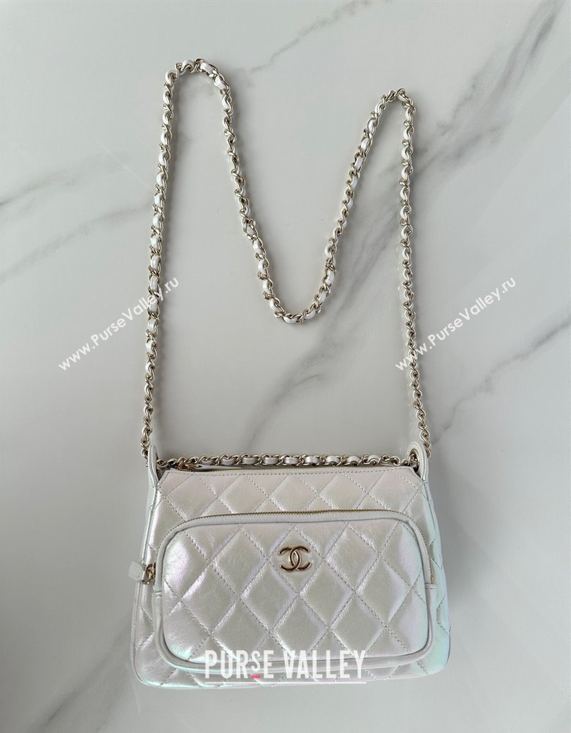 Chanel Iridescent Metallic Lambskin Clutch with Chain AP4349 Silver 2024 (yezi-241206045)