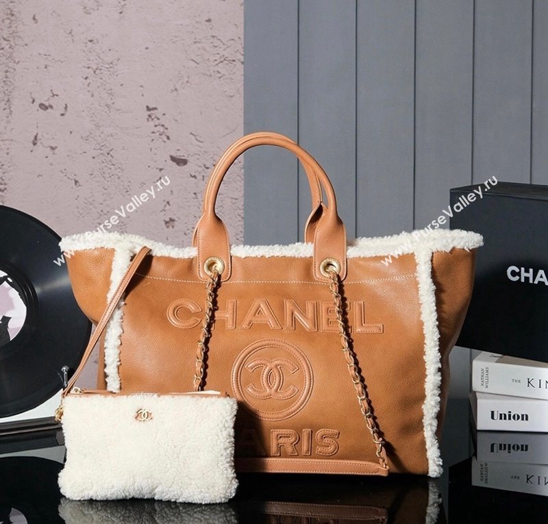 Chanel Deauville Shearling Calfskin Large Shopping Bag Brown 2024 1207 (yezi-241207046)