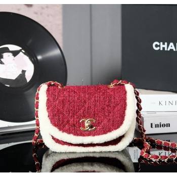 Chanel Snow Tweed Shearling Flap bag Red 2024N 1207 (yezi-241207047)