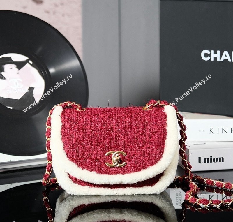 Chanel Snow Tweed Shearling Flap bag Red 2024N 1207 (yezi-241207047)