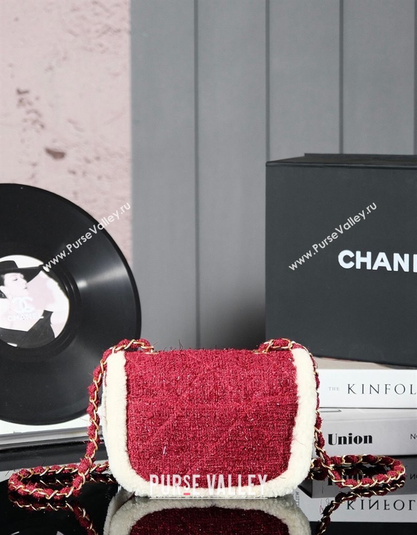 Chanel Snow Tweed Shearling Flap bag Red 2024N 1207 (yezi-241207047)