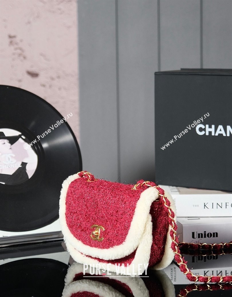 Chanel Snow Tweed Shearling Flap bag Red 2024N 1207 (yezi-241207047)